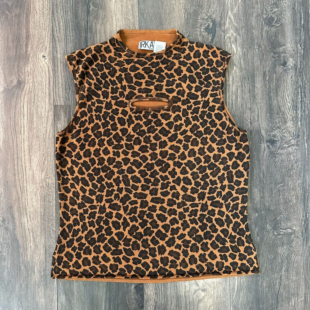 Vintage Silk IRKA Sleeveless Leopard Top Oval Chest Cutout Keyhole Y2K 90s Sz Md